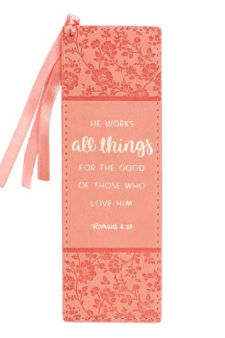 1220000130081 Peach Faux Leather Bookmark  He Works All Things - Romans 8:28 Bible Verse Inspi