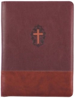 1220000133594 John 3:16 Cross Two-Tone Zippered Brown Faux Leather Padfolio/Portfolio Folder N