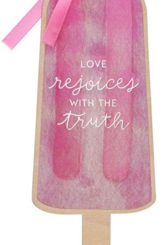 1220000138001 Pink Wooden Popsicle Scripture Bookmark: Love Rejoices with Truth w/Satin Ribbon
