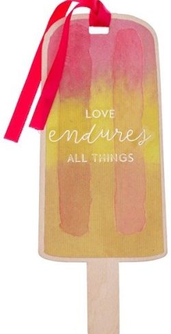 1220000138018 Orange/Yellow Wooden Popsicle Bookmark: Love Endures All Things w/Satin Ribbon
