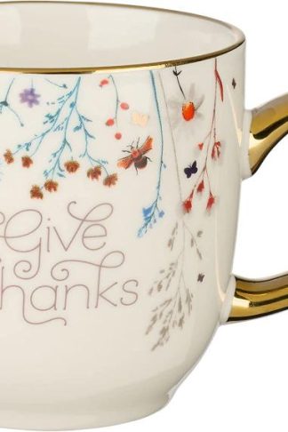 6006937153745 White & Gold Floral Ceramic Coffee & Tea Mug for Women: Give Thanks - 1 Thess. 5