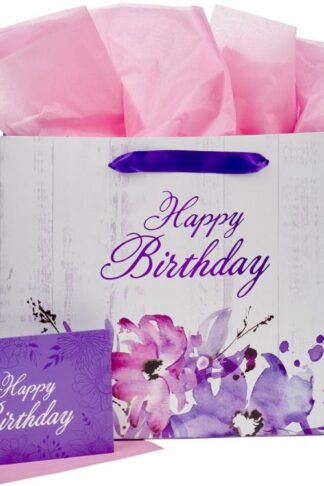 1220000139510 Purple Floral Womens Landscape Gift Bag Set w/Card: Happy Birthday