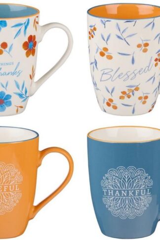 6006937151833 Floral Ceramic Coffee and Tea Mug Set: In All Things Give Thanks: Thankful