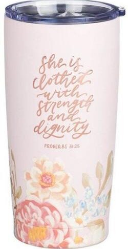 1220000327634 Strength And Dignity Pink Floral Stainless Steel Travel Tumbler Proverbs 31