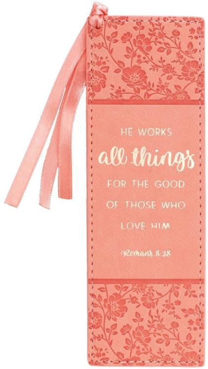 1220000130081 Peach Faux Leather Bookmark He Works All Things - Romans 8:28 Bible Verse Inspi