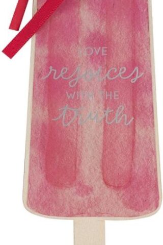 1220000138001 Pink Wooden Popsicle Scripture Bookmark: Love Rejoices with Truth w/Satin Ribbon