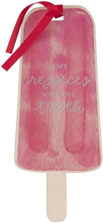 1220000138001 Pink Wooden Popsicle Scripture Bookmark: Love Rejoices with Truth w/Satin Ribbon