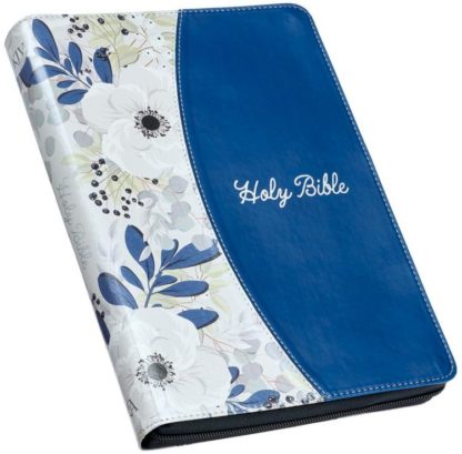KJV Large-Print Thinline Bible--soft leather-look, blue/printed floral with zipper